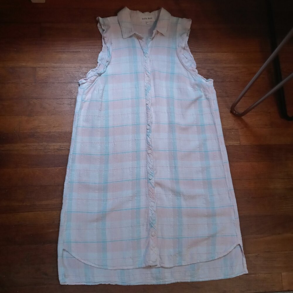 BELLA DAHL sleeveless ruffle shirt dress in pastel plaid (M)